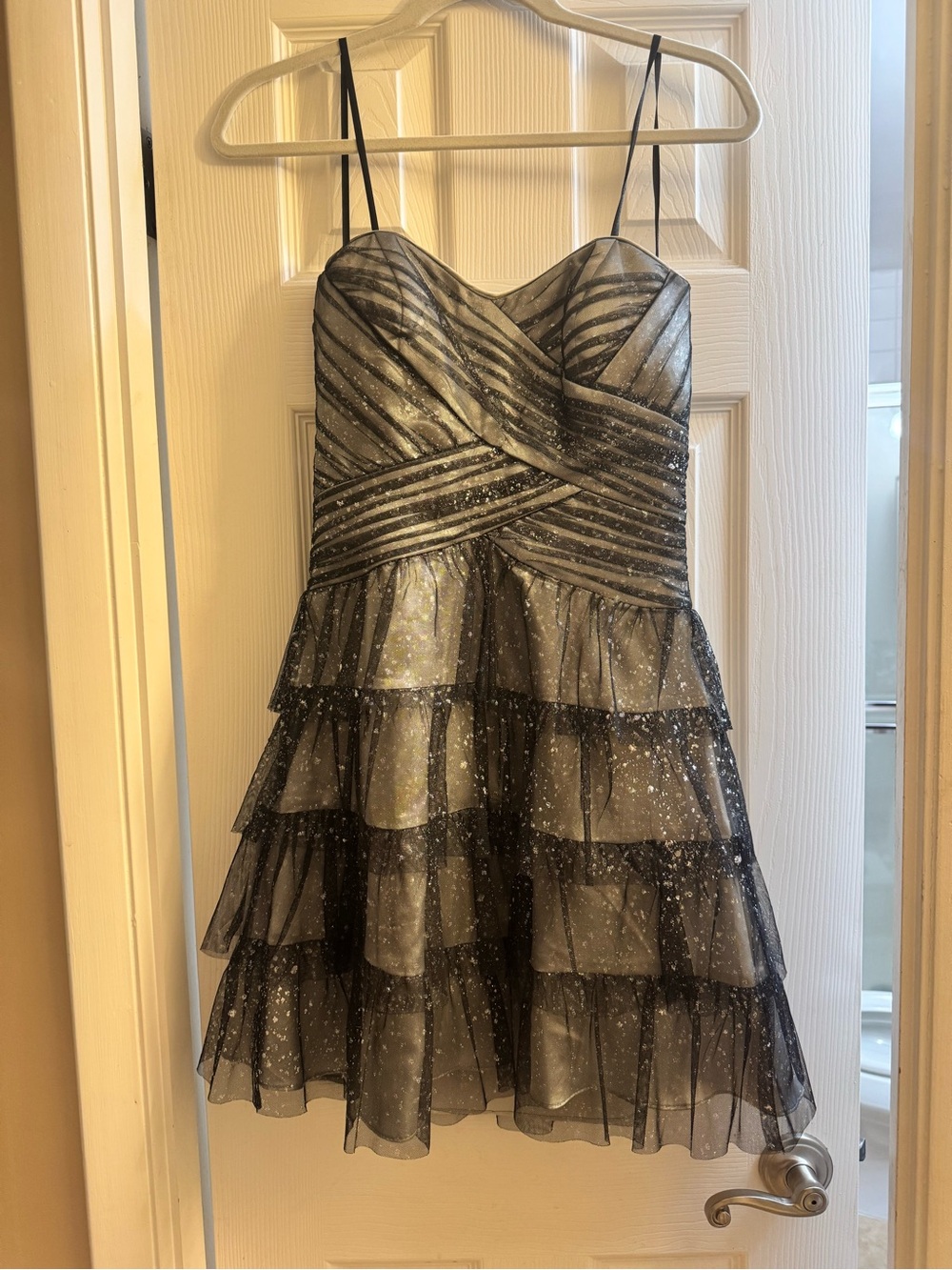 Jump Strapless Silver and Black Sparkle Tiered Mini Dress